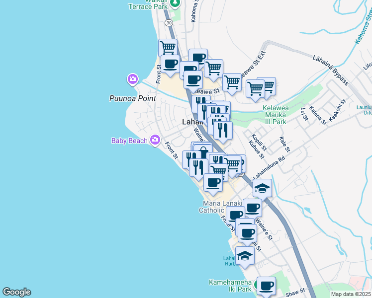 map of restaurants, bars, coffee shops, grocery stores, and more near 1022 Front Street in Lahaina