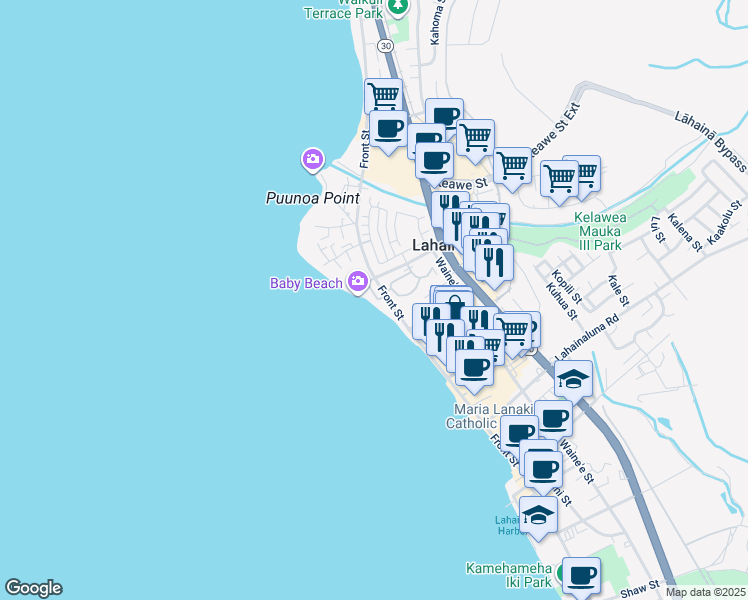 map of restaurants, bars, coffee shops, grocery stores, and more near 19 Kamaka Circle in Lahaina