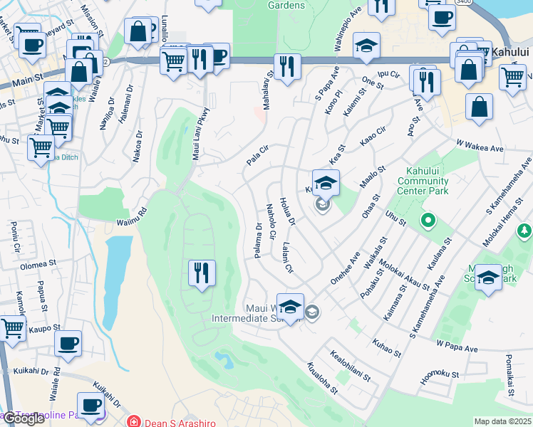 map of restaurants, bars, coffee shops, grocery stores, and more near 330 Naholo Circle in Kahului