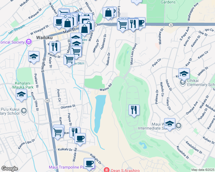 map of restaurants, bars, coffee shops, grocery stores, and more near 31 Onekea Place in Wailuku