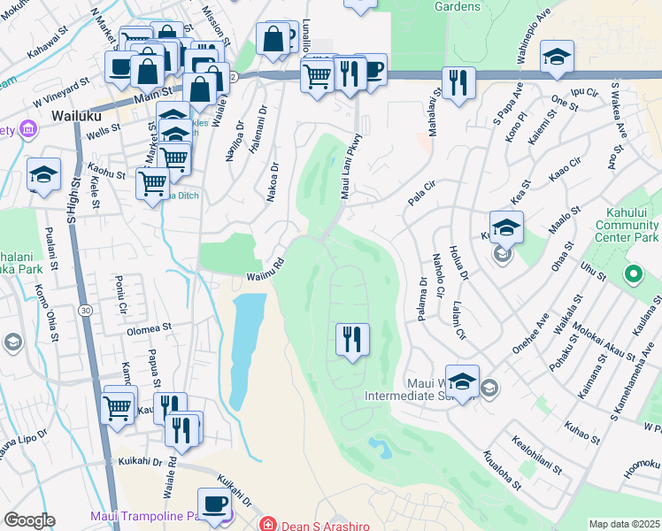 map of restaurants, bars, coffee shops, grocery stores, and more near 475 Kamalei Circle in Kahului