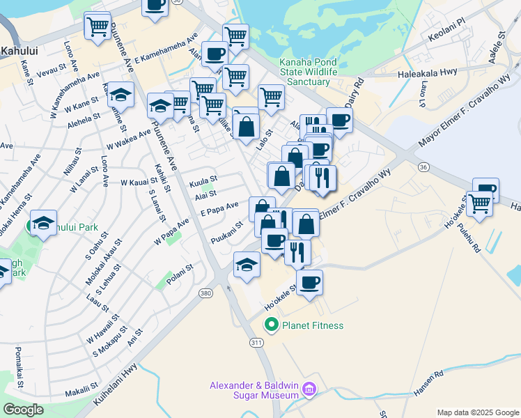 map of restaurants, bars, coffee shops, grocery stores, and more near 149 Puukani Street in Kahului
