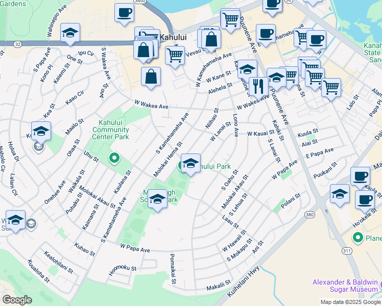map of restaurants, bars, coffee shops, grocery stores, and more near 317 Niihau Street in Kahului