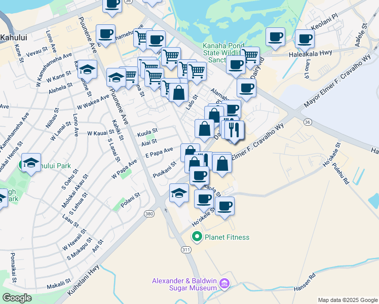 map of restaurants, bars, coffee shops, grocery stores, and more near 149 Puukani Street in Kahului