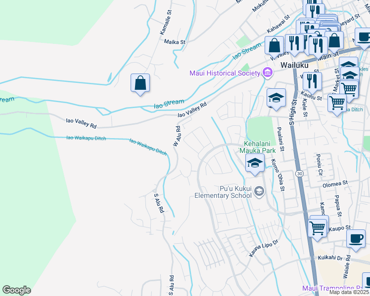 map of restaurants, bars, coffee shops, grocery stores, and more near 228 Kili'o'opu Street in Wailuku