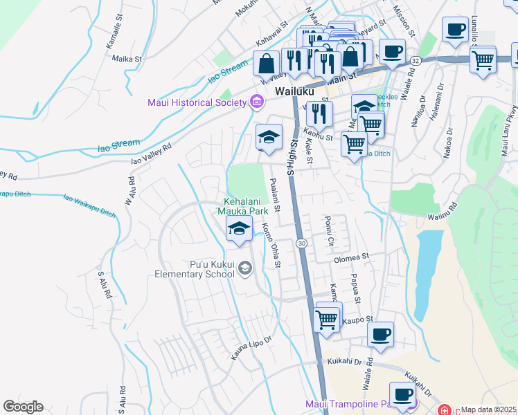map of restaurants, bars, coffee shops, grocery stores, and more near 497 Koma 'Ohia Street in Wailuku