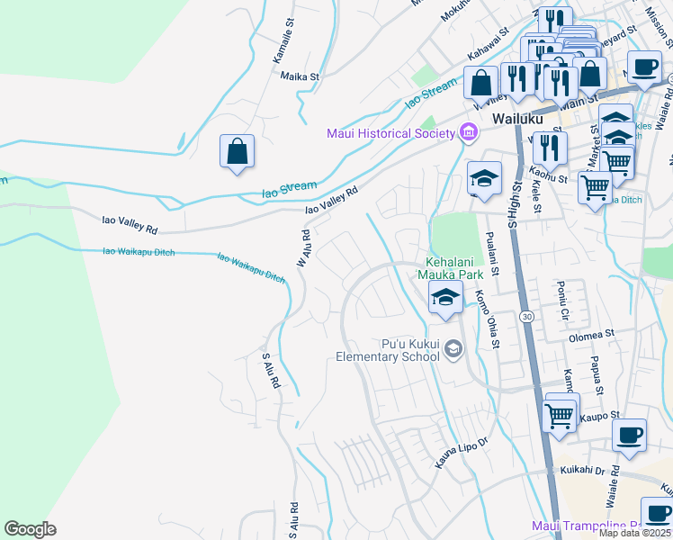 map of restaurants, bars, coffee shops, grocery stores, and more near 247 Kili'o'opu Street in Wailuku