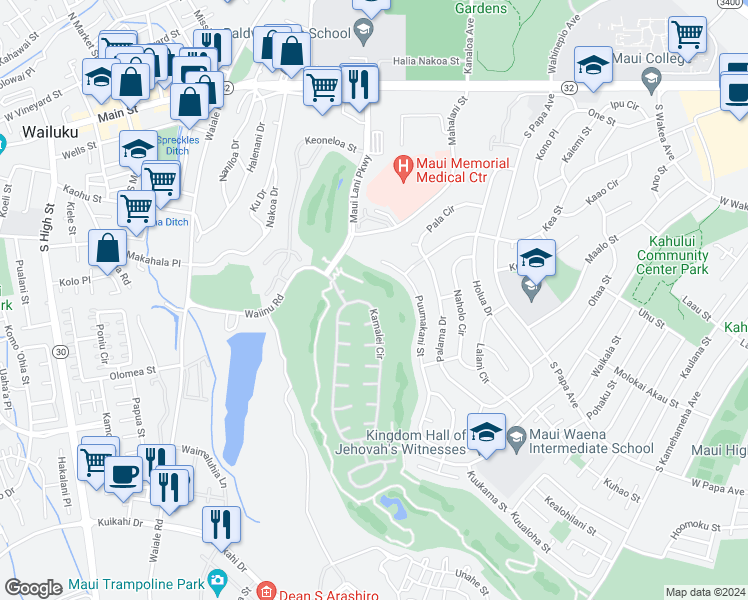 map of restaurants, bars, coffee shops, grocery stores, and more near 35 Kamalei Circle in Kahului