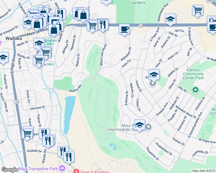 map of restaurants, bars, coffee shops, grocery stores, and more near 33 Kamalei Circle in Kahului