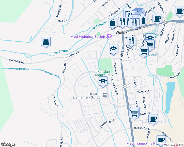 map of restaurants, bars, coffee shops, grocery stores, and more near 143 Hoowaiwai Loop in Wailuku