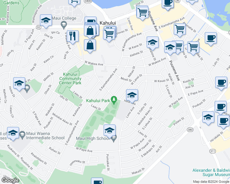 map of restaurants, bars, coffee shops, grocery stores, and more near 326 Niihau Street in Kahului