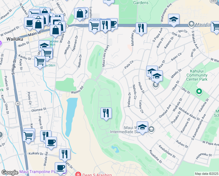 map of restaurants, bars, coffee shops, grocery stores, and more near 35 Kamalei Circle in Kahului
