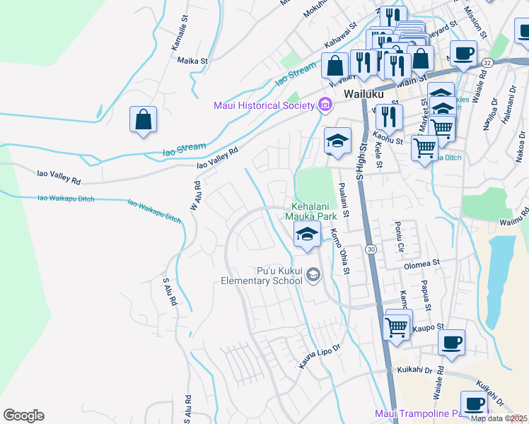 map of restaurants, bars, coffee shops, grocery stores, and more near 15 Ka ʻIkena Loop in Wailuku