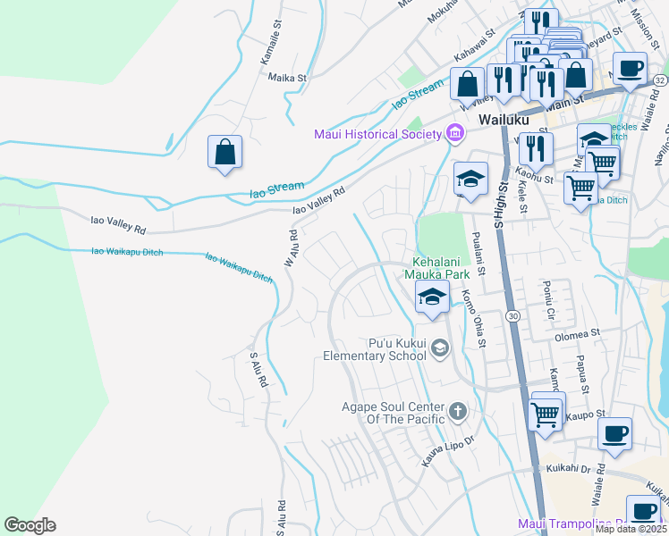 map of restaurants, bars, coffee shops, grocery stores, and more near 101 Naulu Street in Wailuku