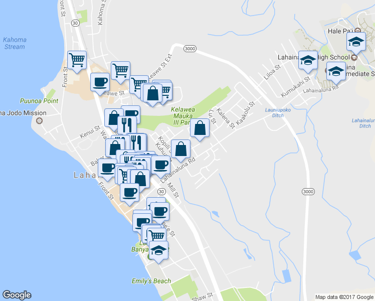 map of restaurants, bars, coffee shops, grocery stores, and more near Hauola Place in Lahaina