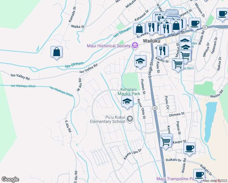 map of restaurants, bars, coffee shops, grocery stores, and more near 143 Hoowaiwai Loop in Wailuku