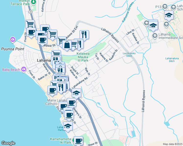 map of restaurants, bars, coffee shops, grocery stores, and more near 443 Lahainaluna Road in Lahaina