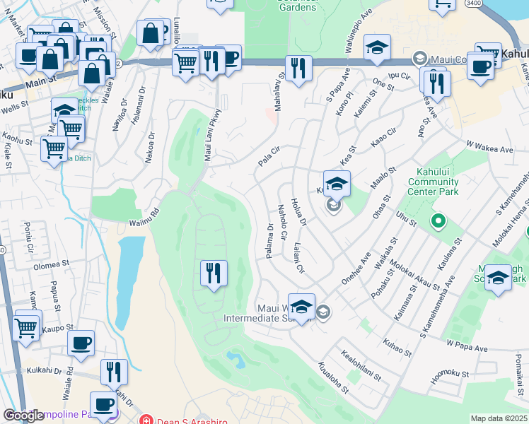 map of restaurants, bars, coffee shops, grocery stores, and more near 320 Palama Drive in Kahului