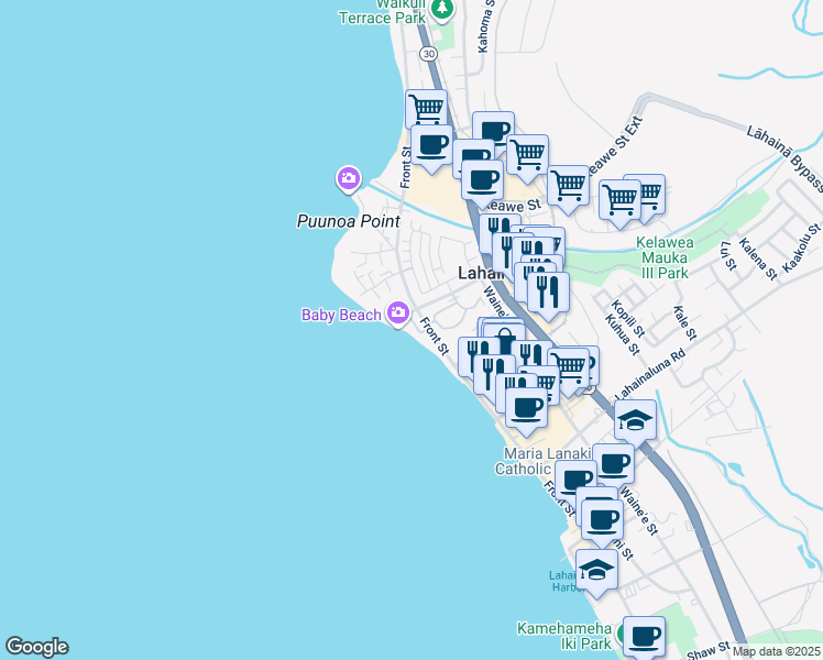 map of restaurants, bars, coffee shops, grocery stores, and more near 25 Kamaka Circle in Lahaina