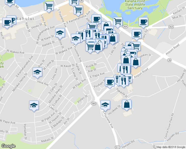 map of restaurants, bars, coffee shops, grocery stores, and more near 37 East Papa Avenue in Kahului