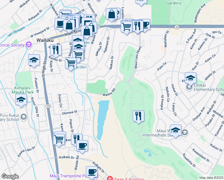 map of restaurants, bars, coffee shops, grocery stores, and more near 27 Onekea Place in Wailuku