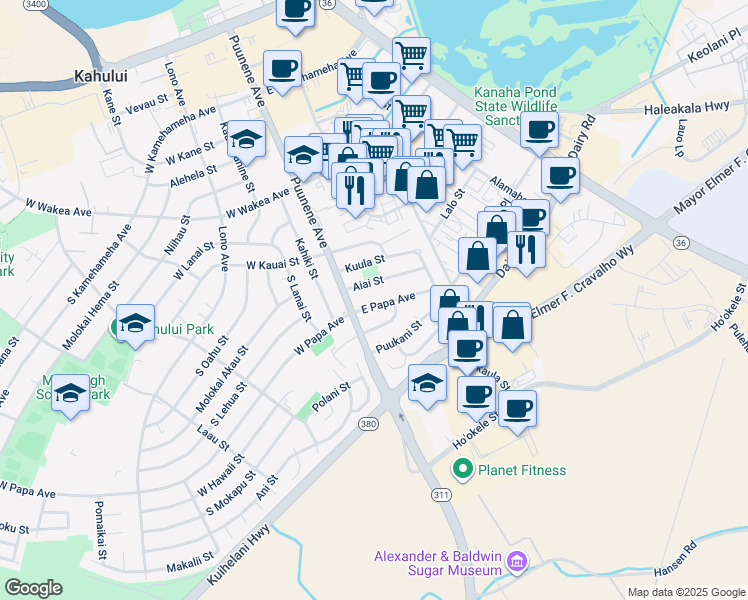 map of restaurants, bars, coffee shops, grocery stores, and more near 37 East Papa Avenue in Kahului