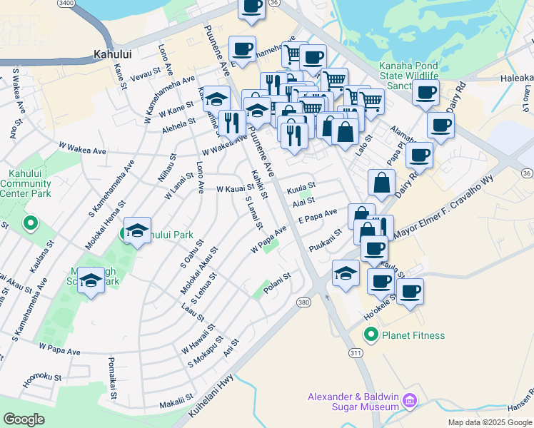 map of restaurants, bars, coffee shops, grocery stores, and more near 416 Kahiki Street in Kahului