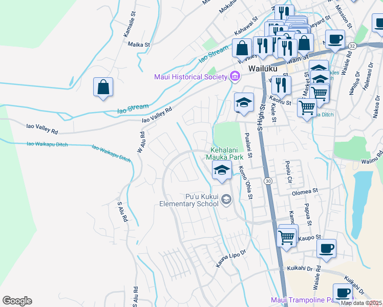 map of restaurants, bars, coffee shops, grocery stores, and more near 15 Ka ʻIkena Loop in Wailuku