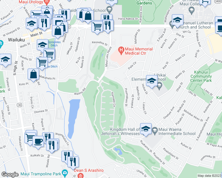 map of restaurants, bars, coffee shops, grocery stores, and more near 33 Kamalei Circle in Kahului