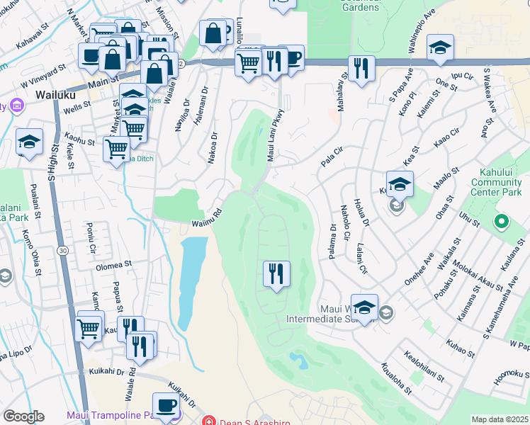 map of restaurants, bars, coffee shops, grocery stores, and more near 4 Puu Aloha Place in Kahului