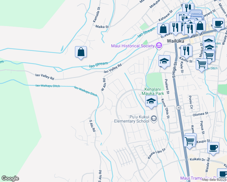 map of restaurants, bars, coffee shops, grocery stores, and more near 243 Kili'o'opu Street in Wailuku