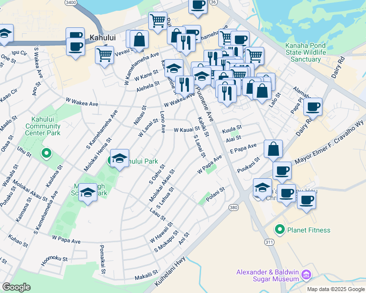 map of restaurants, bars, coffee shops, grocery stores, and more near 386 Kahoolawe Street in Kahului