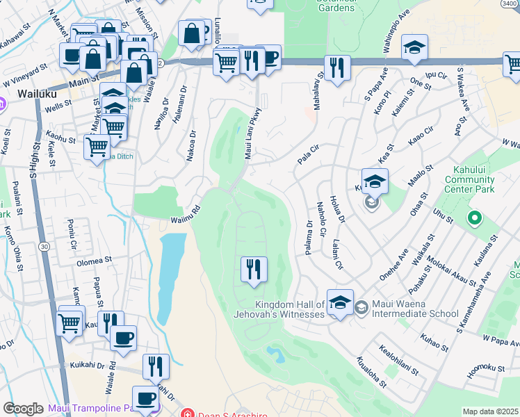 map of restaurants, bars, coffee shops, grocery stores, and more near 33 Kamalei Circle in Kahului