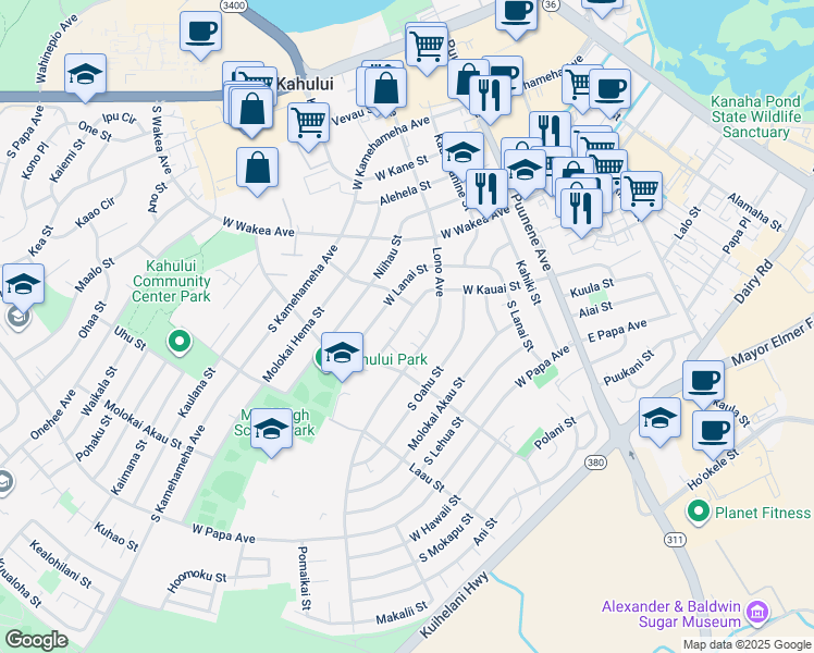 map of restaurants, bars, coffee shops, grocery stores, and more near 229 West Kauai Street in Kahului