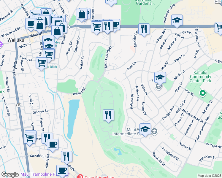 map of restaurants, bars, coffee shops, grocery stores, and more near 33 Kamalei Circle in Kahului