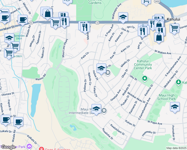 map of restaurants, bars, coffee shops, grocery stores, and more near 326 Holua Drive in Kahului
