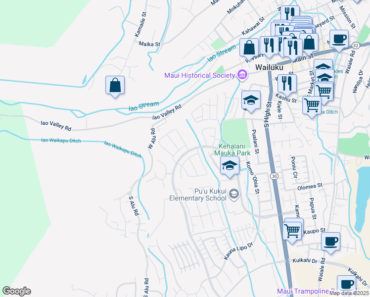 map of restaurants, bars, coffee shops, grocery stores, and more near 148 Ka ʻIkena Loop in Wailuku