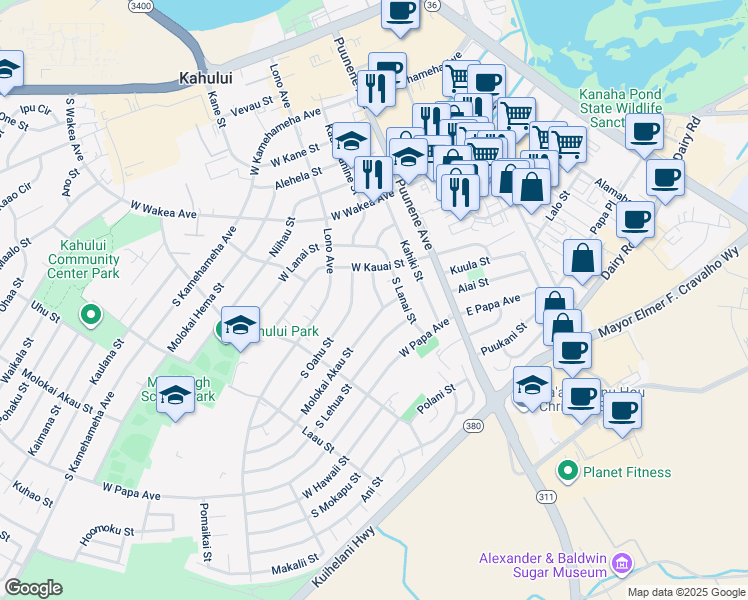 map of restaurants, bars, coffee shops, grocery stores, and more near 386 Kahoolawe Street in Kahului