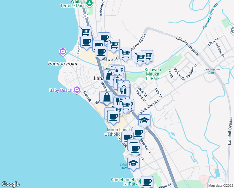 map of restaurants, bars, coffee shops, grocery stores, and more near 975 Limahana Place in Lahaina
