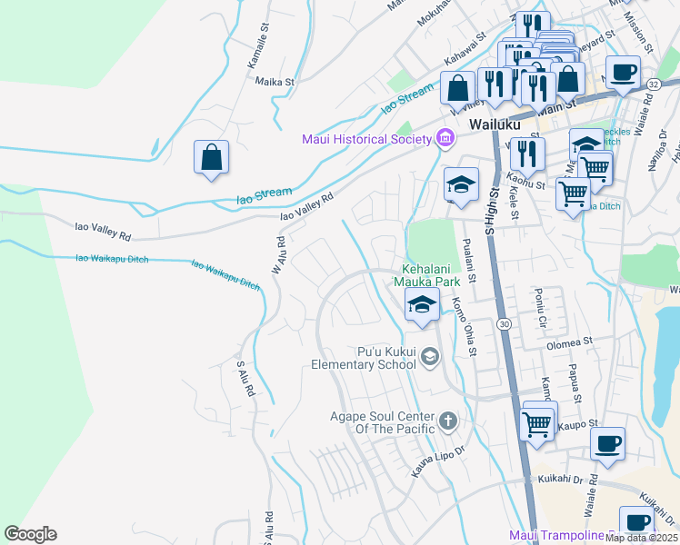 map of restaurants, bars, coffee shops, grocery stores, and more near 224 Ka ʻIkena Loop in Wailuku