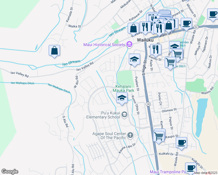 map of restaurants, bars, coffee shops, grocery stores, and more near 224 Ka ʻIkena Loop in Wailuku