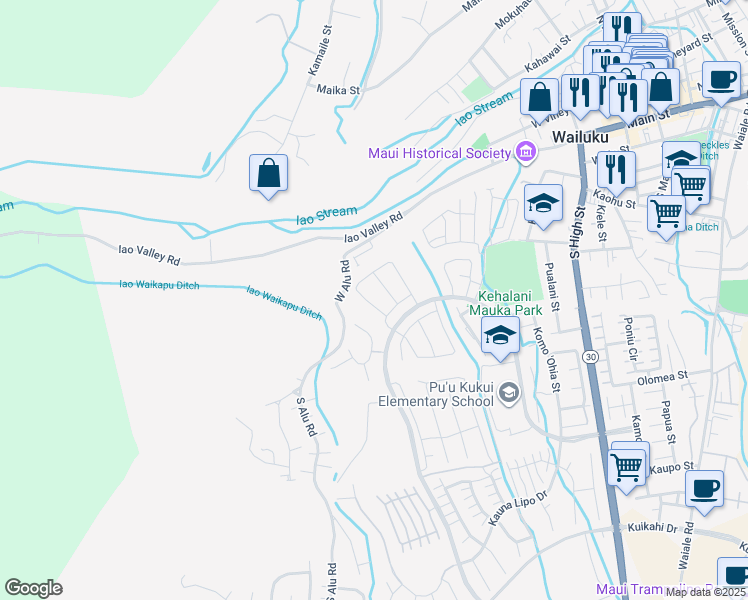 map of restaurants, bars, coffee shops, grocery stores, and more near 239 Kili'o'opu Street in Wailuku