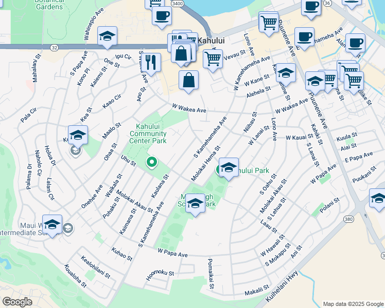map of restaurants, bars, coffee shops, grocery stores, and more near 430 South Kamehameha Avenue in Kahului