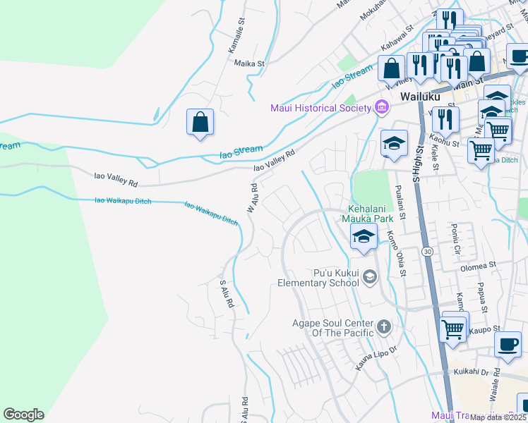 map of restaurants, bars, coffee shops, grocery stores, and more near 224 Kili'o'opu Street in Wailuku