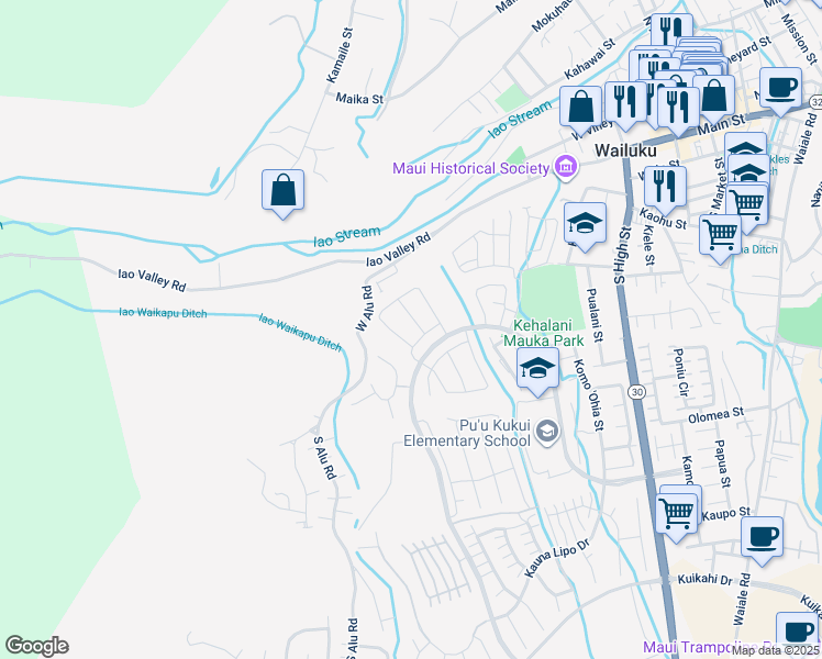 map of restaurants, bars, coffee shops, grocery stores, and more near 111 Naulu Street in Wailuku