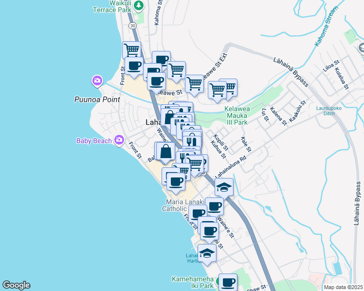 map of restaurants, bars, coffee shops, grocery stores, and more near 975 Limahana Place in Lahaina