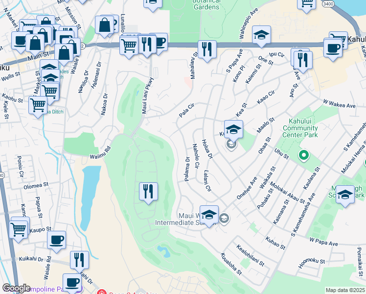 map of restaurants, bars, coffee shops, grocery stores, and more near 314 Palama Drive in Kahului