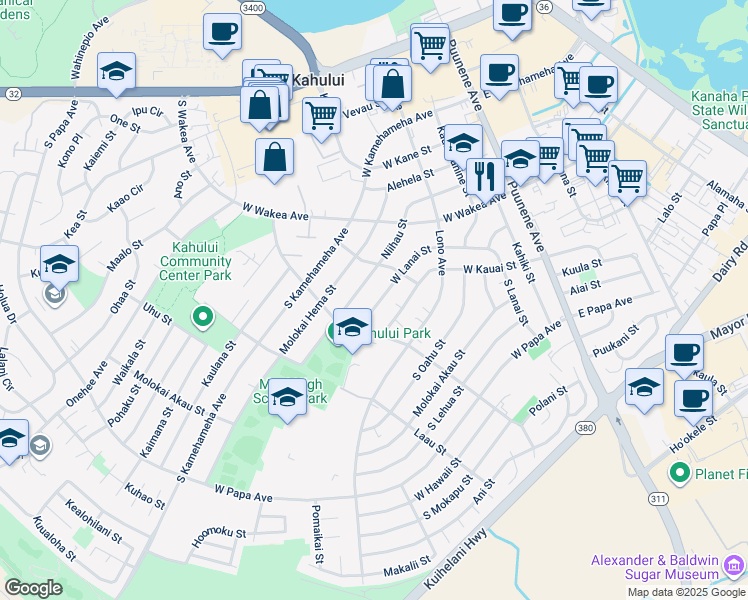 map of restaurants, bars, coffee shops, grocery stores, and more near 276 West Lanai Street in Kahului