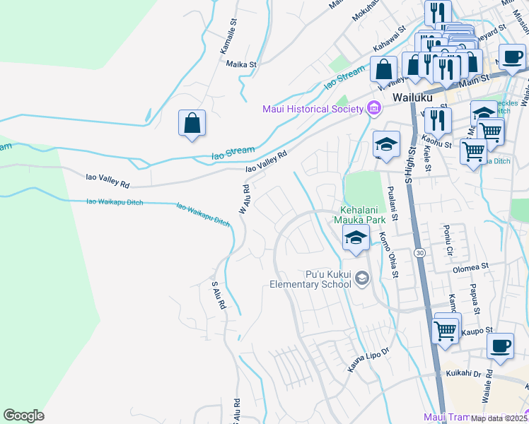 map of restaurants, bars, coffee shops, grocery stores, and more near 235 Kili'o'opu Street in Wailuku