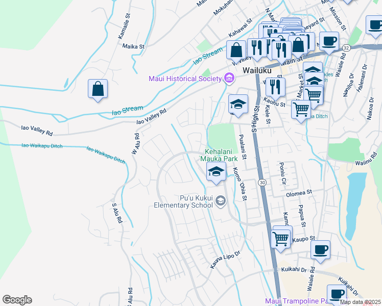 map of restaurants, bars, coffee shops, grocery stores, and more near 243 Kili'o'opu Street in Wailuku